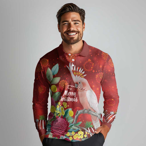 Australia Pink Cockatoo Christmas Long Sleeve Polo Shirt Aussie Native Flowers Merry Xmas - Red - Aussie Hoodie