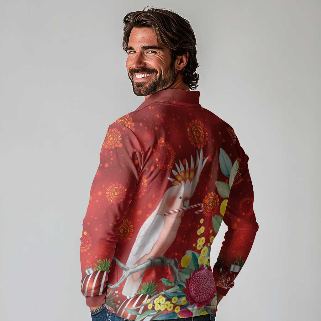 Australia Pink Cockatoo Christmas Long Sleeve Polo Shirt Aussie Native Flowers Merry Xmas - Red - Aussie Hoodie