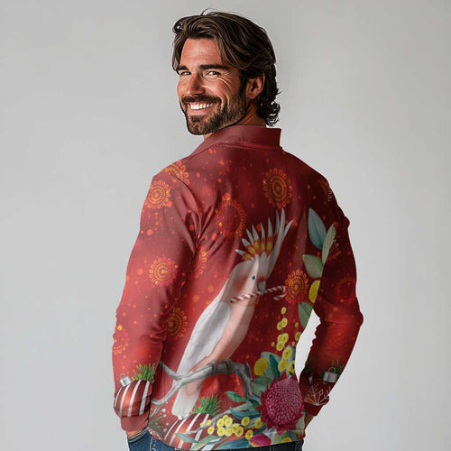 Australia Pink Cockatoo Christmas Long Sleeve Polo Shirt Aussie Native Flowers Merry Xmas - Red - Aussie Hoodie