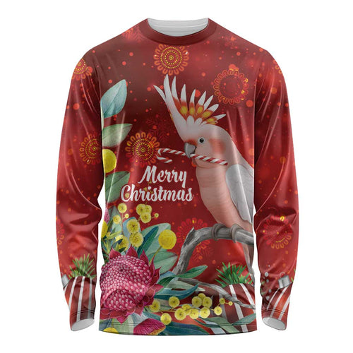 Australia Pink Cockatoo Christmas Long Sleeve Shirt Aussie Native Flowers Merry Xmas - Red - Aussie Hoodie
