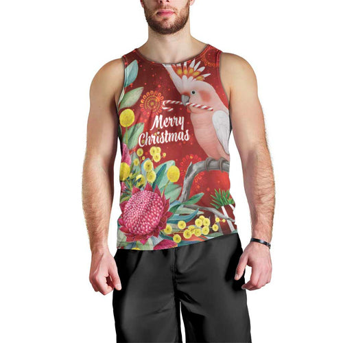 Australia Pink Cockatoo Christmas Men Tank Top Aussie Native Flowers Merry Xmas - Red - Aussie Hoodie