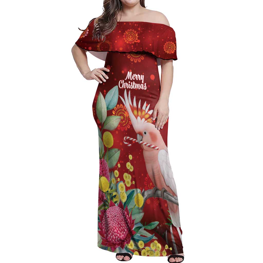 Australia Pink Cockatoo Christmas Off Shoulder Maxi Dress Aussie Native Flowers Merry Xmas - Red - Aussie Hoodie