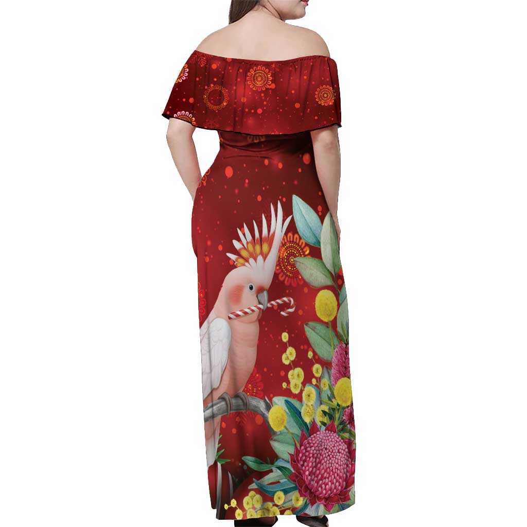 Australia Pink Cockatoo Christmas Off Shoulder Maxi Dress Aussie Native Flowers Merry Xmas - Red - Aussie Hoodie