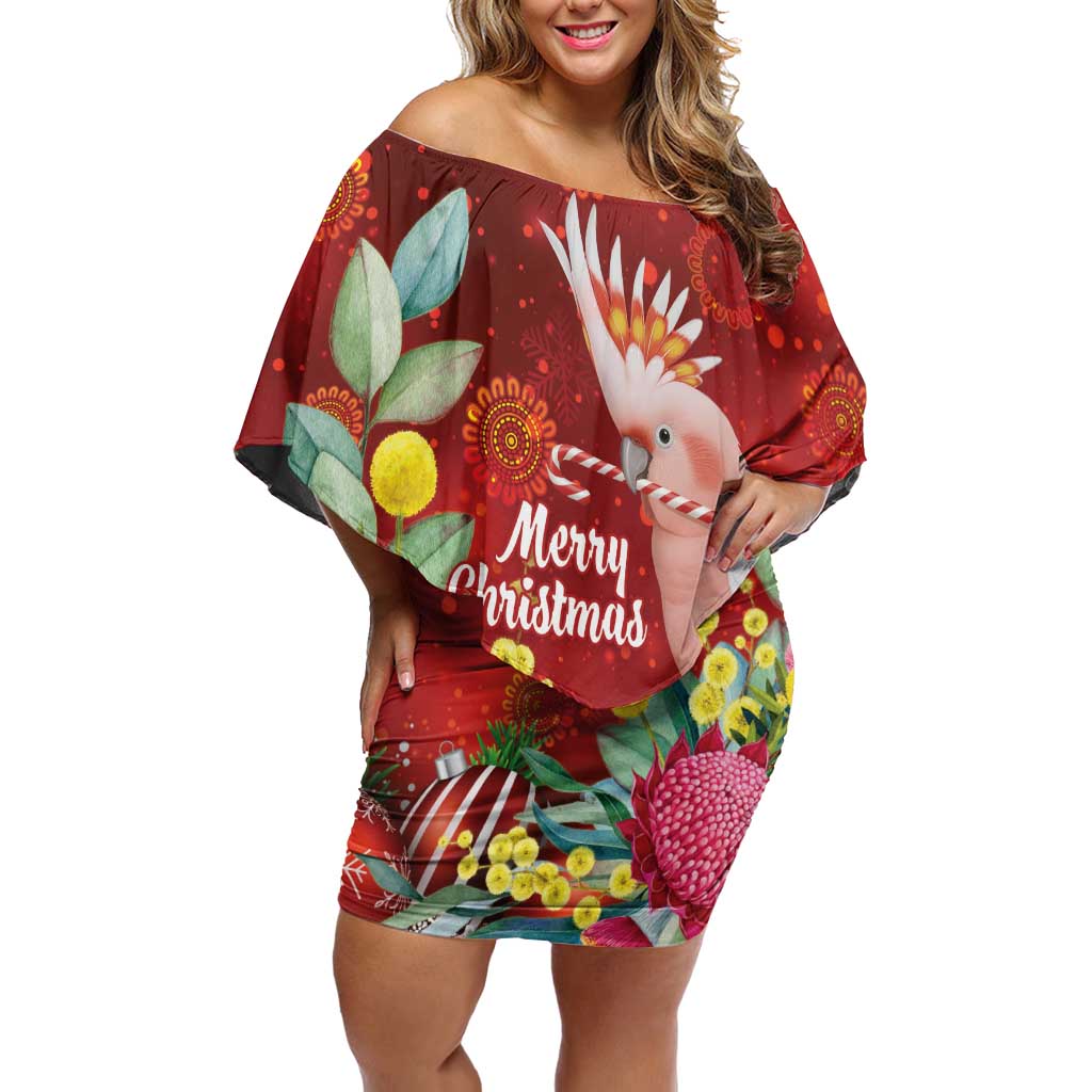 Australia Pink Cockatoo Christmas Off Shoulder Short Dress Aussie Native Flowers Merry Xmas - Red - Aussie Hoodie