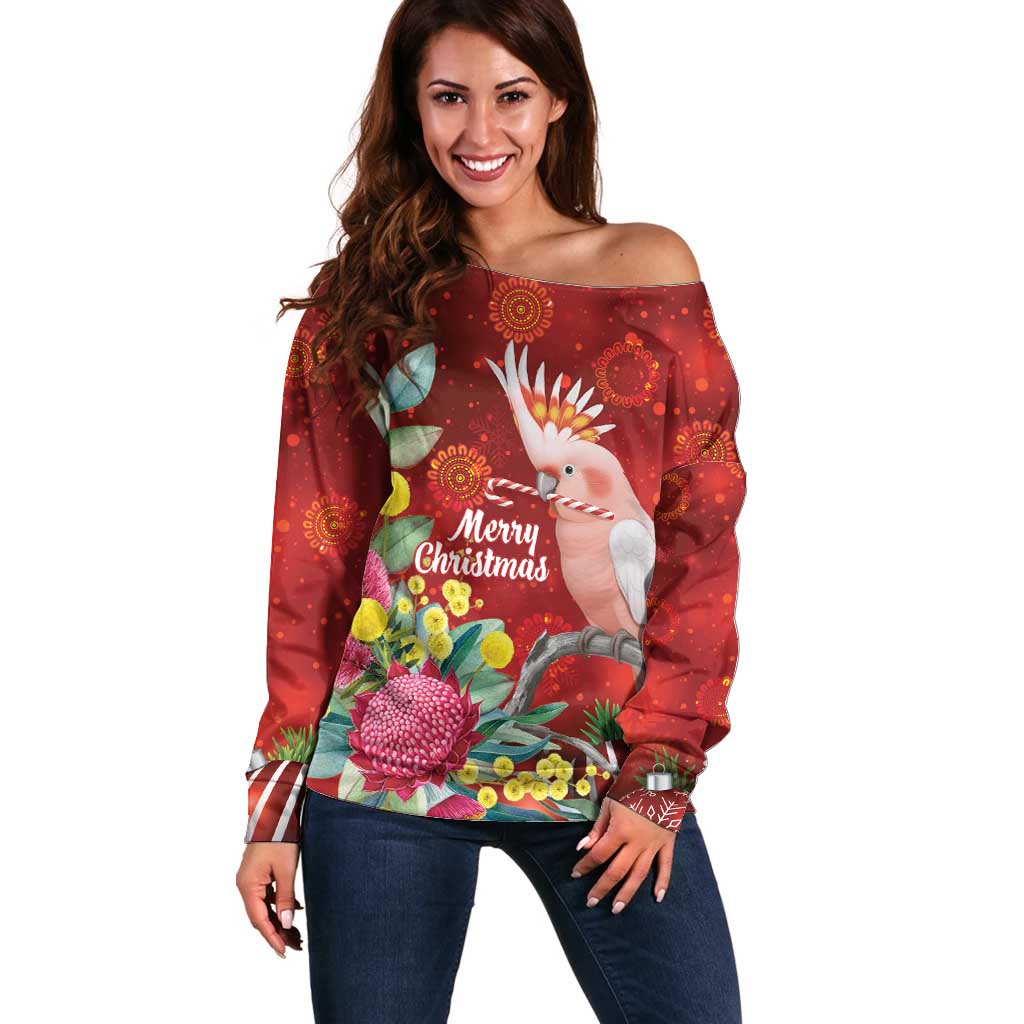 Australia Pink Cockatoo Christmas Off Shoulder Sweater Aussie Native Flowers Merry Xmas - Red - Aussie Hoodie