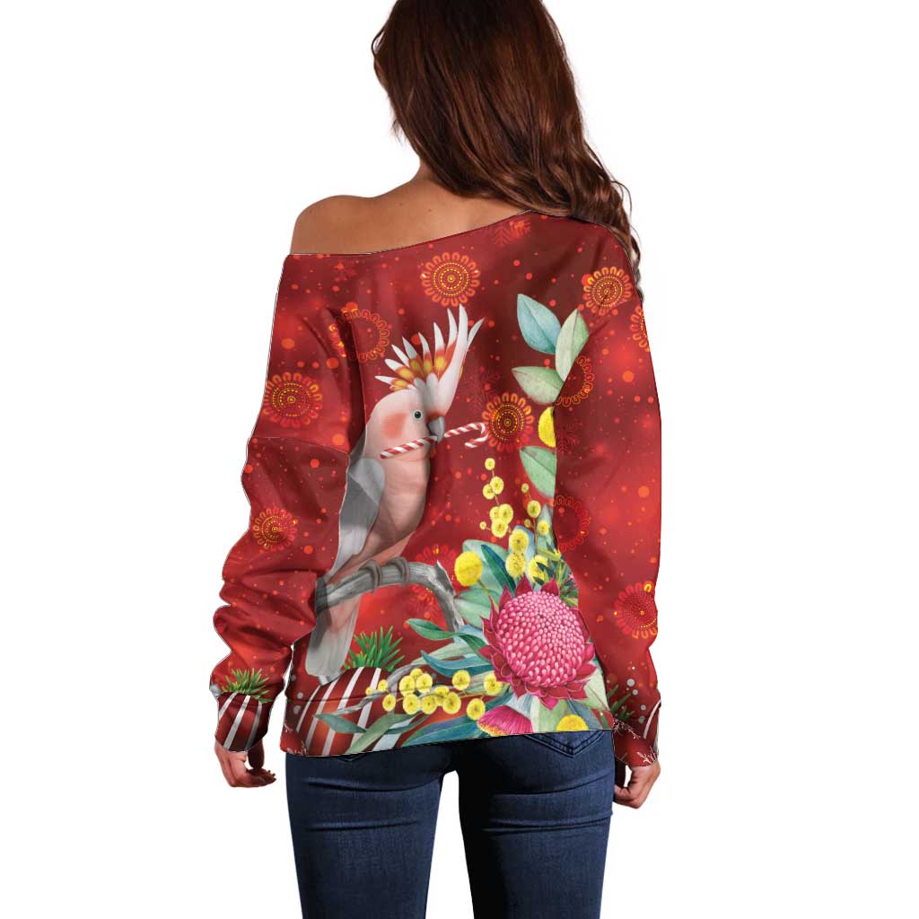 Australia Pink Cockatoo Christmas Off Shoulder Sweater Aussie Native Flowers Merry Xmas - Red - Aussie Hoodie