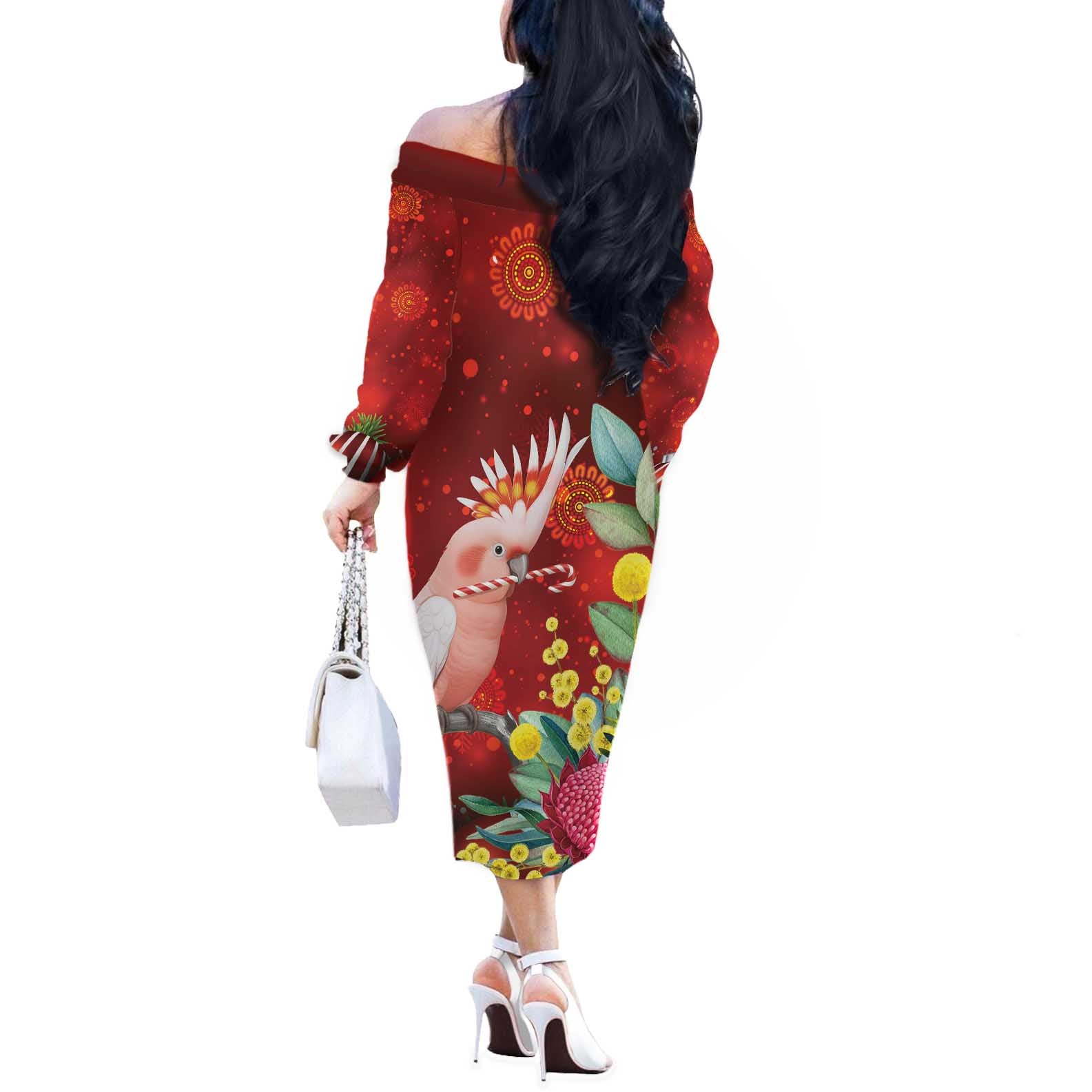 Australia Pink Cockatoo Christmas Off The Shoulder Long Sleeve Dress Aussie Native Flowers Merry Xmas - Red - Aussie Hoodie