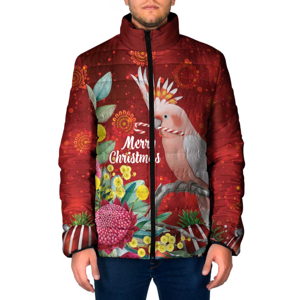 Australia Pink Cockatoo Christmas Padded Jacket Aussie Native Flowers Merry Xmas - Red - Aussie Hoodie
