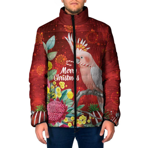 Australia Pink Cockatoo Christmas Padded Jacket Aussie Native Flowers Merry Xmas - Red - Aussie Hoodie