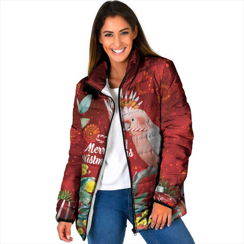 Australia Pink Cockatoo Christmas Padded Jacket Aussie Native Flowers Merry Xmas - Red - Aussie Hoodie
