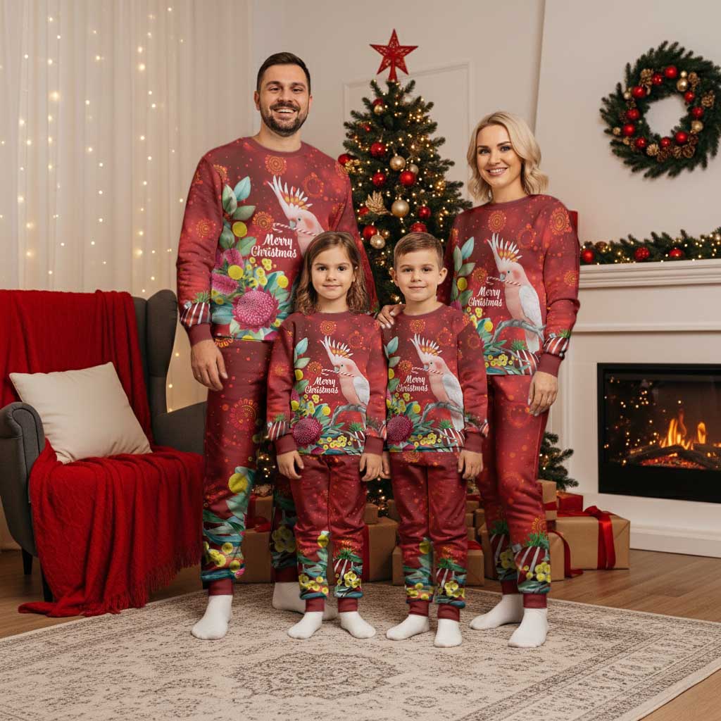 Australia Pink Cockatoo Christmas Pajama Set Aussie Native Flowers Merry Xmas - Red - Aussie Hoodie