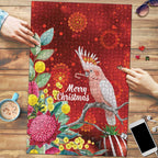Australia Pink Cockatoo Christmas Puzzle Aussie Native Flowers Merry Xmas - Red - Aussie Hoodie