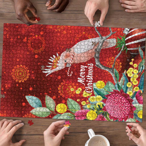 Australia Pink Cockatoo Christmas Puzzle Aussie Native Flowers Merry Xmas - Red - Aussie Hoodie