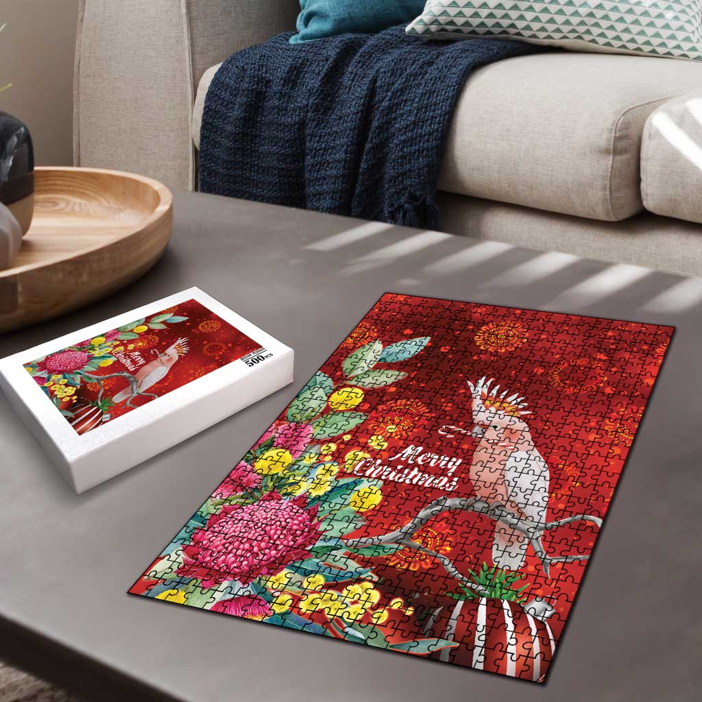 Australia Pink Cockatoo Christmas Puzzle Aussie Native Flowers Merry Xmas - Red - Aussie Hoodie