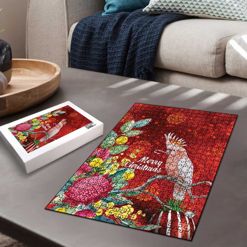 Australia Pink Cockatoo Christmas Puzzle Aussie Native Flowers Merry Xmas - Red - Aussie Hoodie