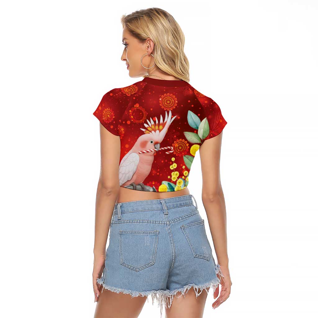 Australia Pink Cockatoo Christmas Raglan Cropped T Shirt Aussie Native Flowers Merry Xmas - Red - Aussie Hoodie