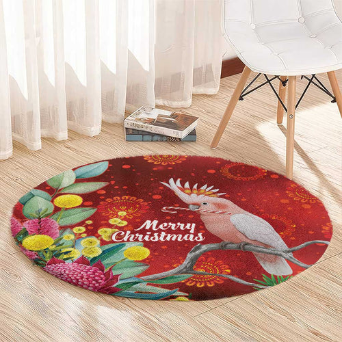 Australia Pink Cockatoo Christmas Round Carpet Aussie Native Flowers Merry Xmas - Red - Aussie Hoodie