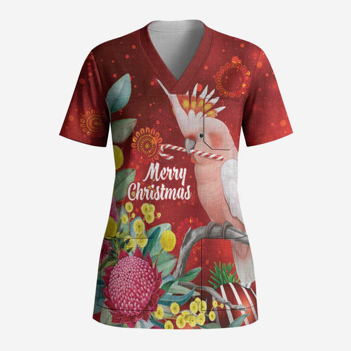 Australia Pink Cockatoo Christmas Scrub Top Aussie Native Flowers Merry Xmas - Red - Aussie Hoodie