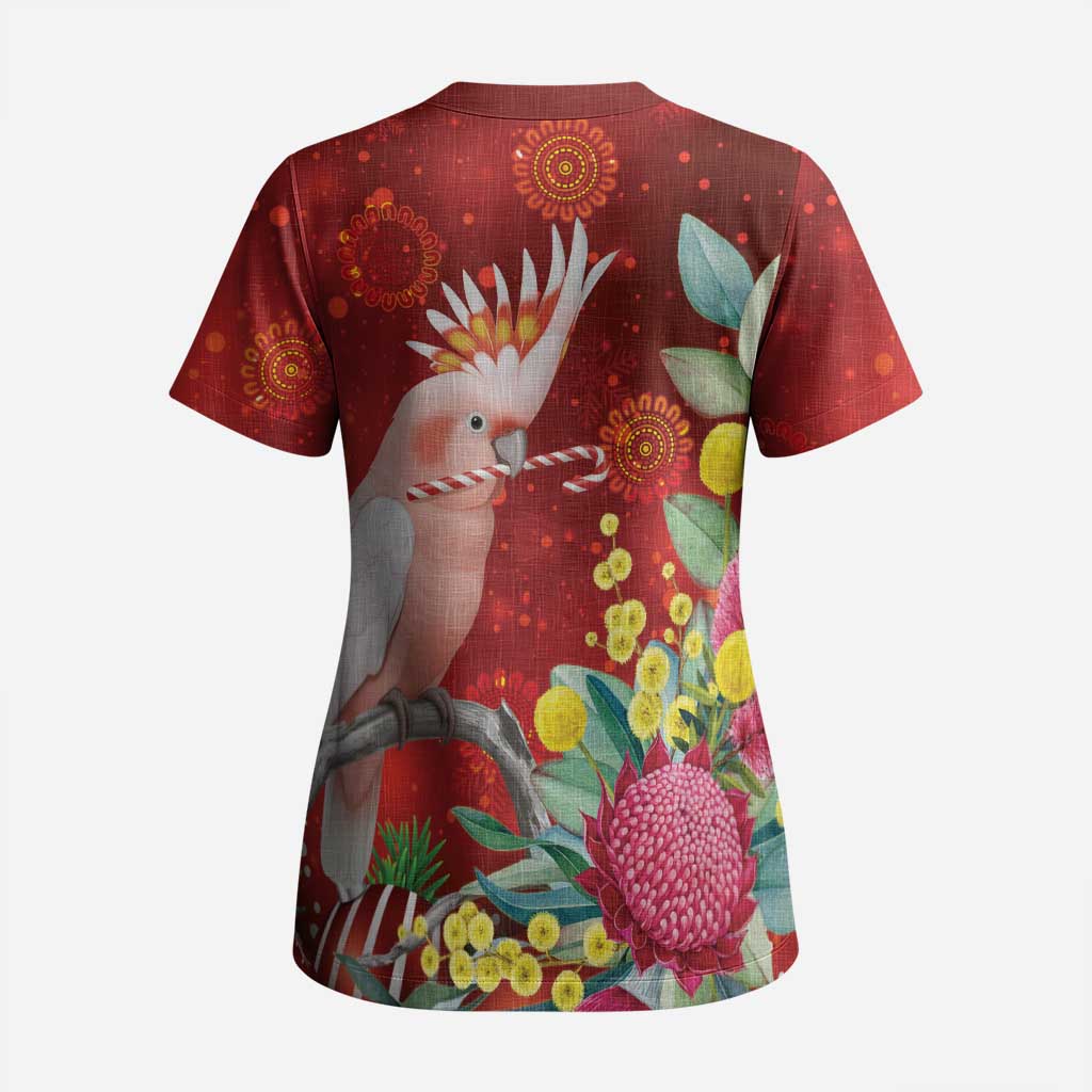 Australia Pink Cockatoo Christmas Scrub Top Aussie Native Flowers Merry Xmas - Red - Aussie Hoodie