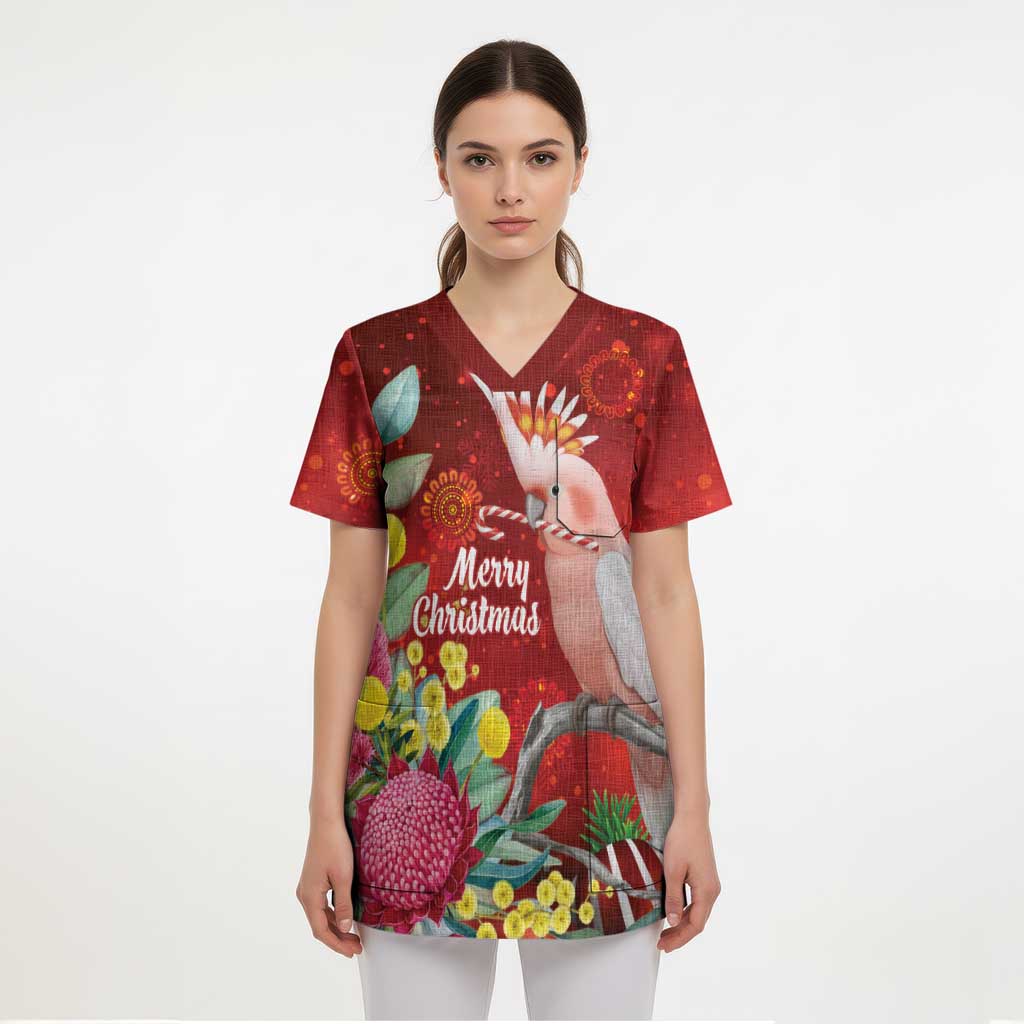 Australia Pink Cockatoo Christmas Scrub Top Aussie Native Flowers Merry Xmas - Red - Aussie Hoodie