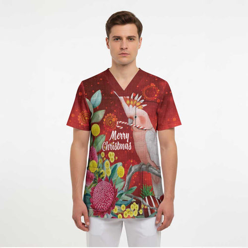 Australia Pink Cockatoo Christmas Scrub Top Aussie Native Flowers Merry Xmas - Red - Aussie Hoodie