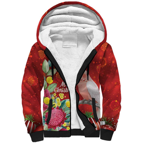 Australia Pink Cockatoo Christmas Sherpa Hoodie Aussie Native Flowers Merry Xmas - Red - Aussie Hoodie