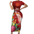 Australia Pink Cockatoo Christmas Short Sleeve Bodycon Dress Aussie Native Flowers Merry Xmas - Red - Aussie Hoodie