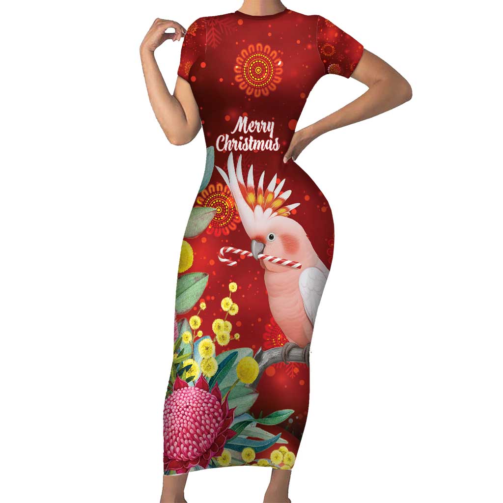 Australia Pink Cockatoo Christmas Short Sleeve Bodycon Dress Aussie Native Flowers Merry Xmas - Red - Aussie Hoodie