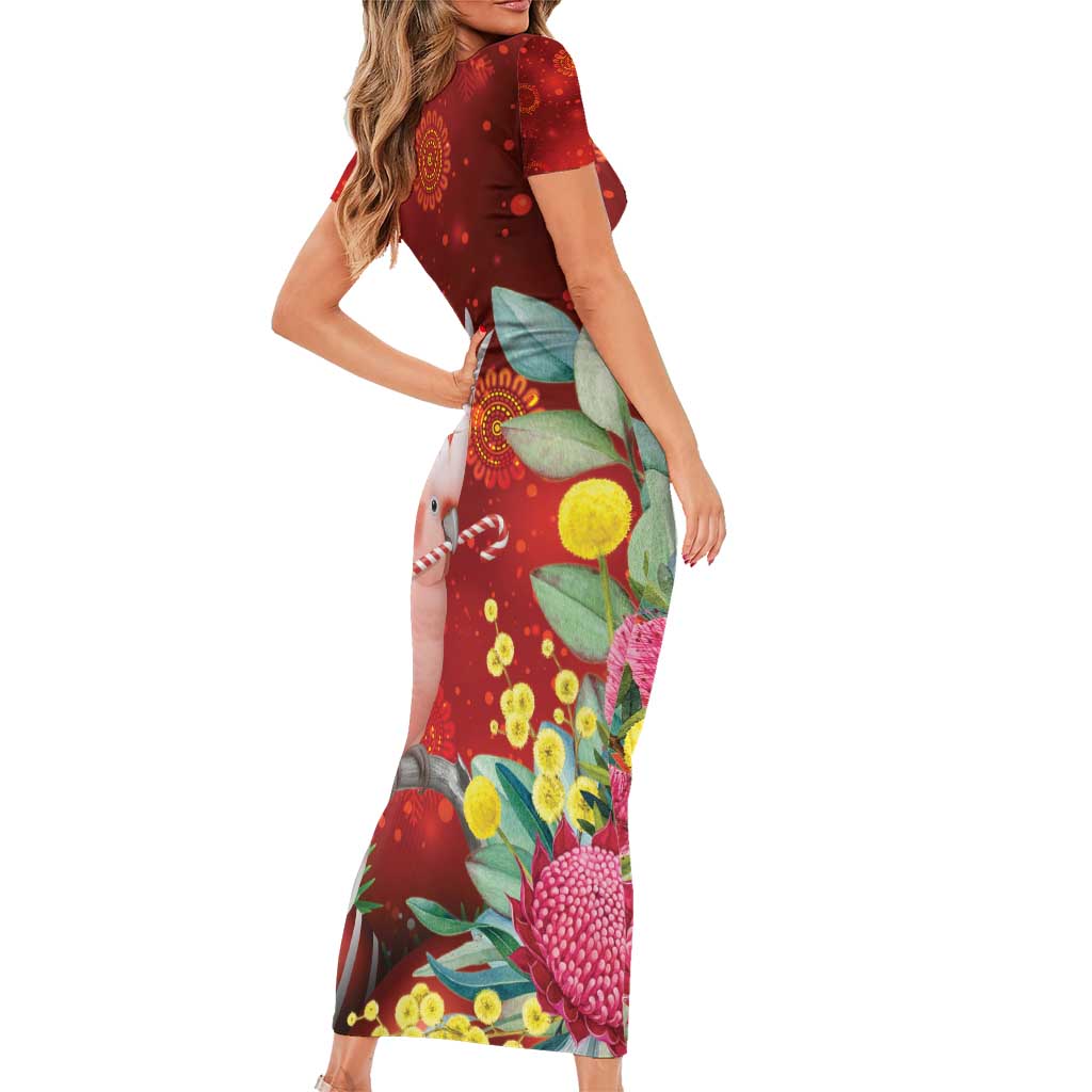 Australia Pink Cockatoo Christmas Short Sleeve Bodycon Dress Aussie Native Flowers Merry Xmas - Red - Aussie Hoodie