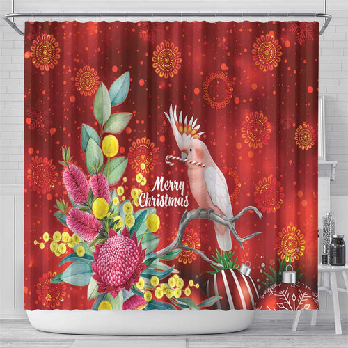 Australia Pink Cockatoo Christmas Shower Curtain Aussie Native Flowers Merry Xmas - Red - Aussie Hoodie