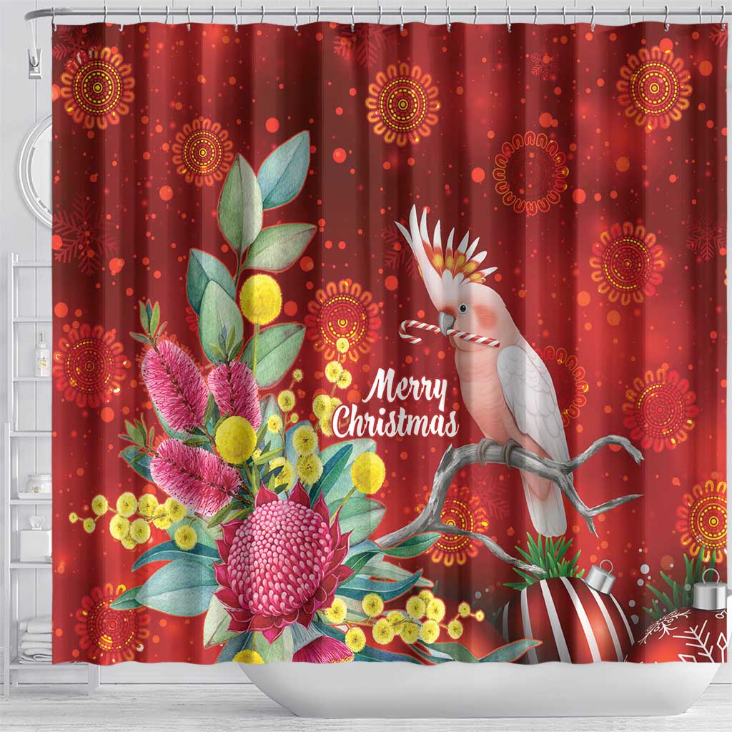Australia Pink Cockatoo Christmas Shower Curtain Aussie Native Flowers Merry Xmas - Red - Aussie Hoodie