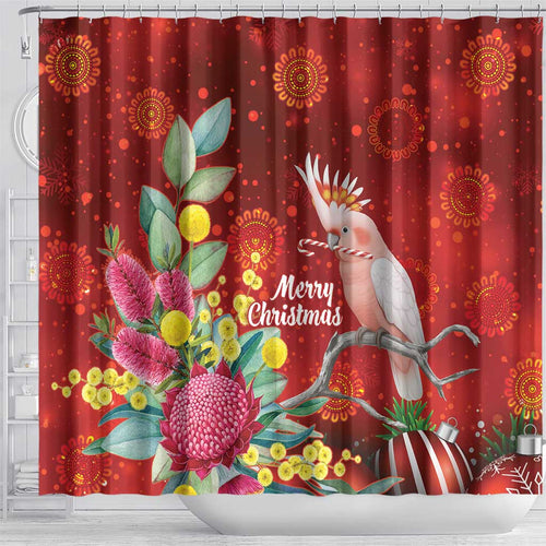 Australia Pink Cockatoo Christmas Shower Curtain Aussie Native Flowers Merry Xmas - Red - Aussie Hoodie