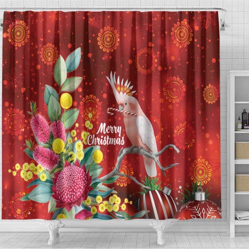 Australia Pink Cockatoo Christmas Shower Curtain Aussie Native Flowers Merry Xmas - Red - Aussie Hoodie