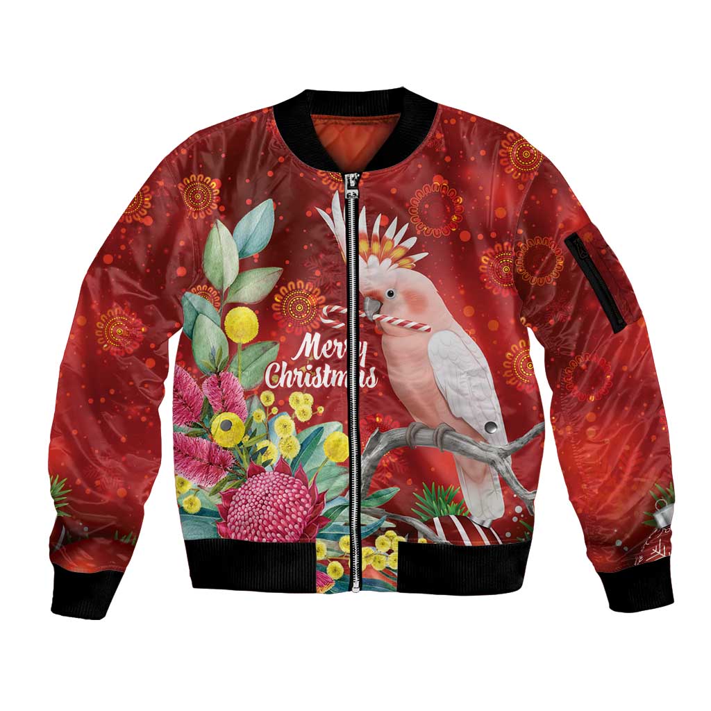 Australia Pink Cockatoo Christmas Sleeve Zip Bomber Jacket Aussie Native Flowers Merry Xmas - Red - Aussie Hoodie