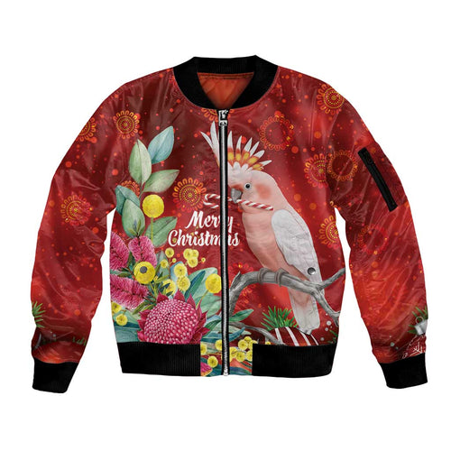 Australia Pink Cockatoo Christmas Sleeve Zip Bomber Jacket Aussie Native Flowers Merry Xmas - Red - Aussie Hoodie