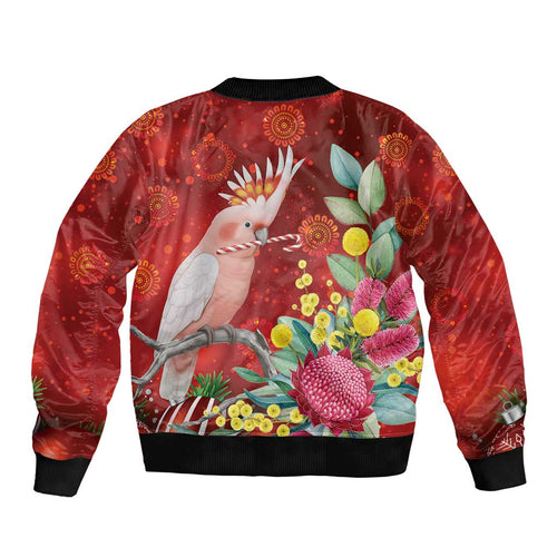 Australia Pink Cockatoo Christmas Sleeve Zip Bomber Jacket Aussie Native Flowers Merry Xmas - Red - Aussie Hoodie