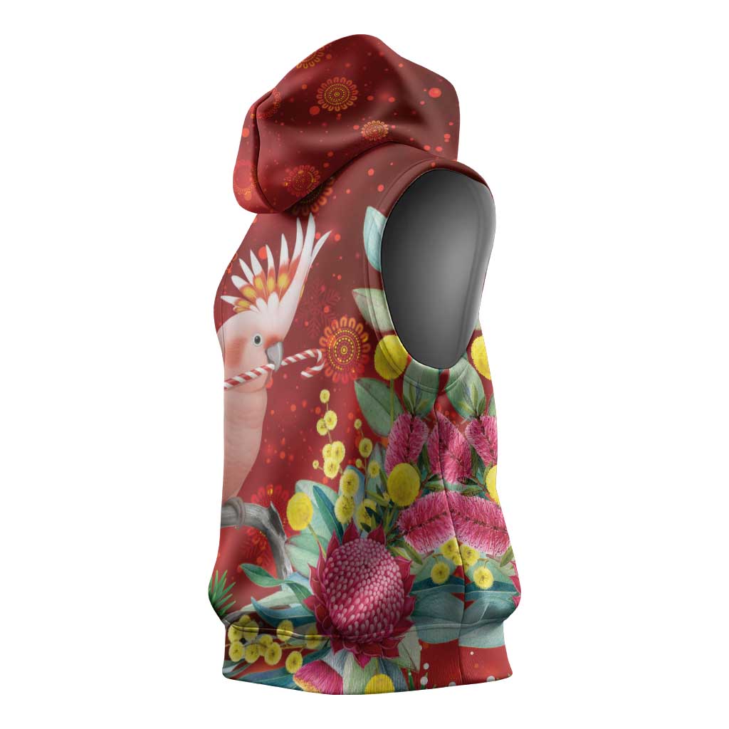 Australia Pink Cockatoo Christmas Sleeveless Hoodie Aussie Native Flowers Merry Xmas - Red - Aussie Hoodie