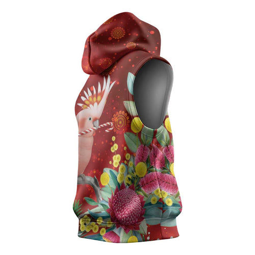 Australia Pink Cockatoo Christmas Sleeveless Hoodie Aussie Native Flowers Merry Xmas - Red - Aussie Hoodie