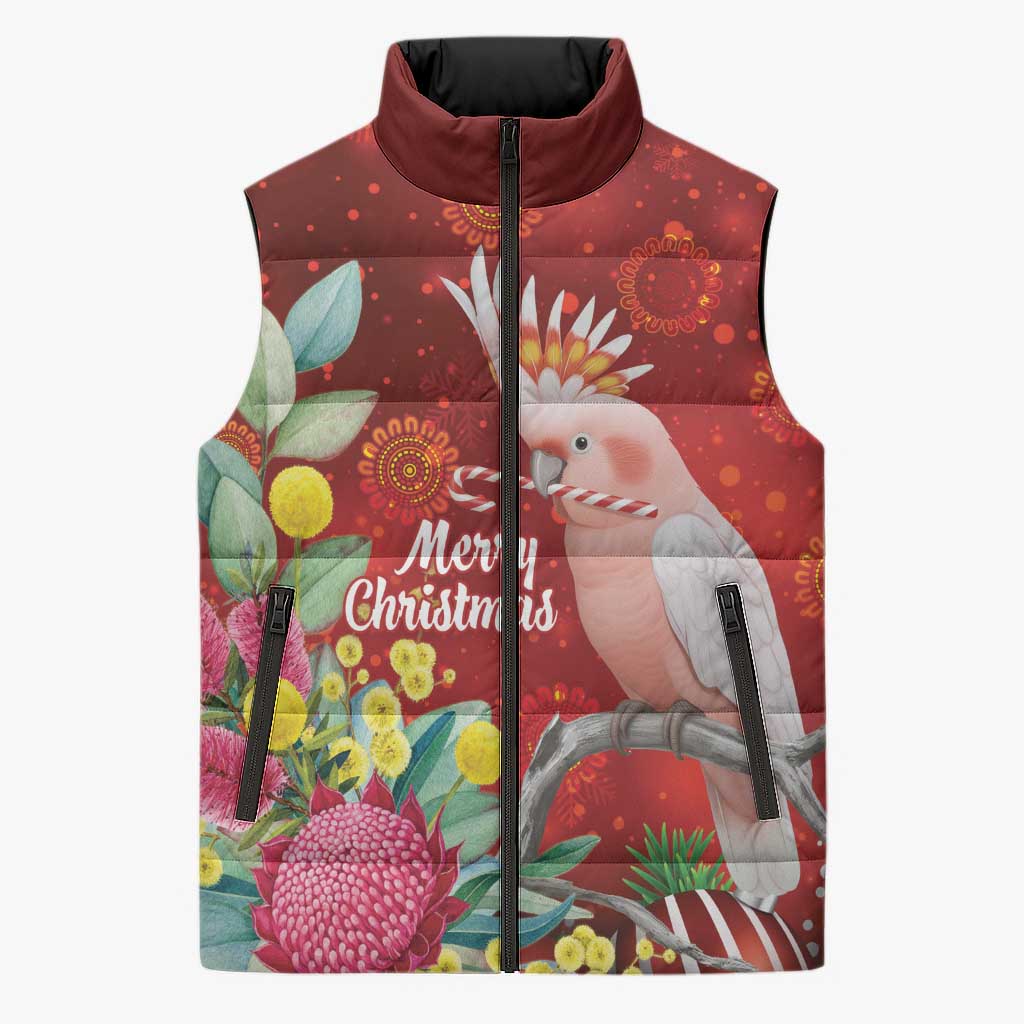 Australia Pink Cockatoo Christmas Sleeveless Puffer Jacket Aussie Native Flowers Merry Xmas - Red - Aussie Hoodie