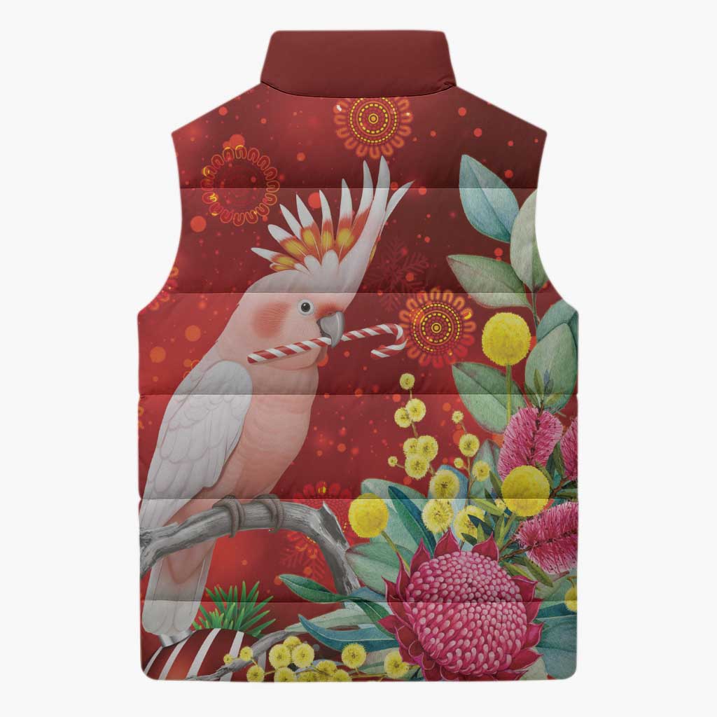 Australia Pink Cockatoo Christmas Sleeveless Puffer Jacket Aussie Native Flowers Merry Xmas - Red - Aussie Hoodie