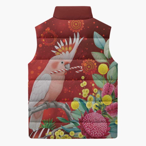Australia Pink Cockatoo Christmas Sleeveless Puffer Jacket Aussie Native Flowers Merry Xmas - Red - Aussie Hoodie