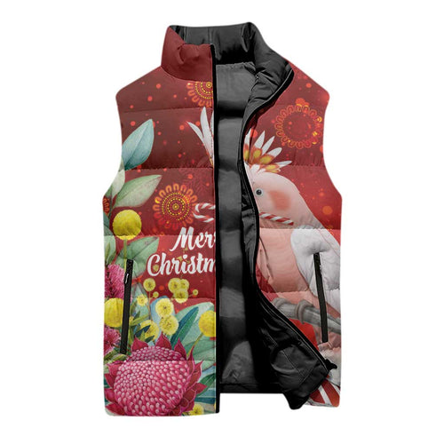 Australia Pink Cockatoo Christmas Sleeveless Puffer Jacket Aussie Native Flowers Merry Xmas - Red - Aussie Hoodie