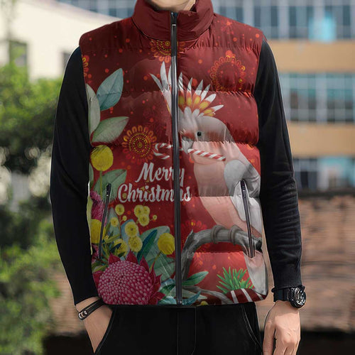 Australia Pink Cockatoo Christmas Sleeveless Puffer Jacket Aussie Native Flowers Merry Xmas - Red - Aussie Hoodie