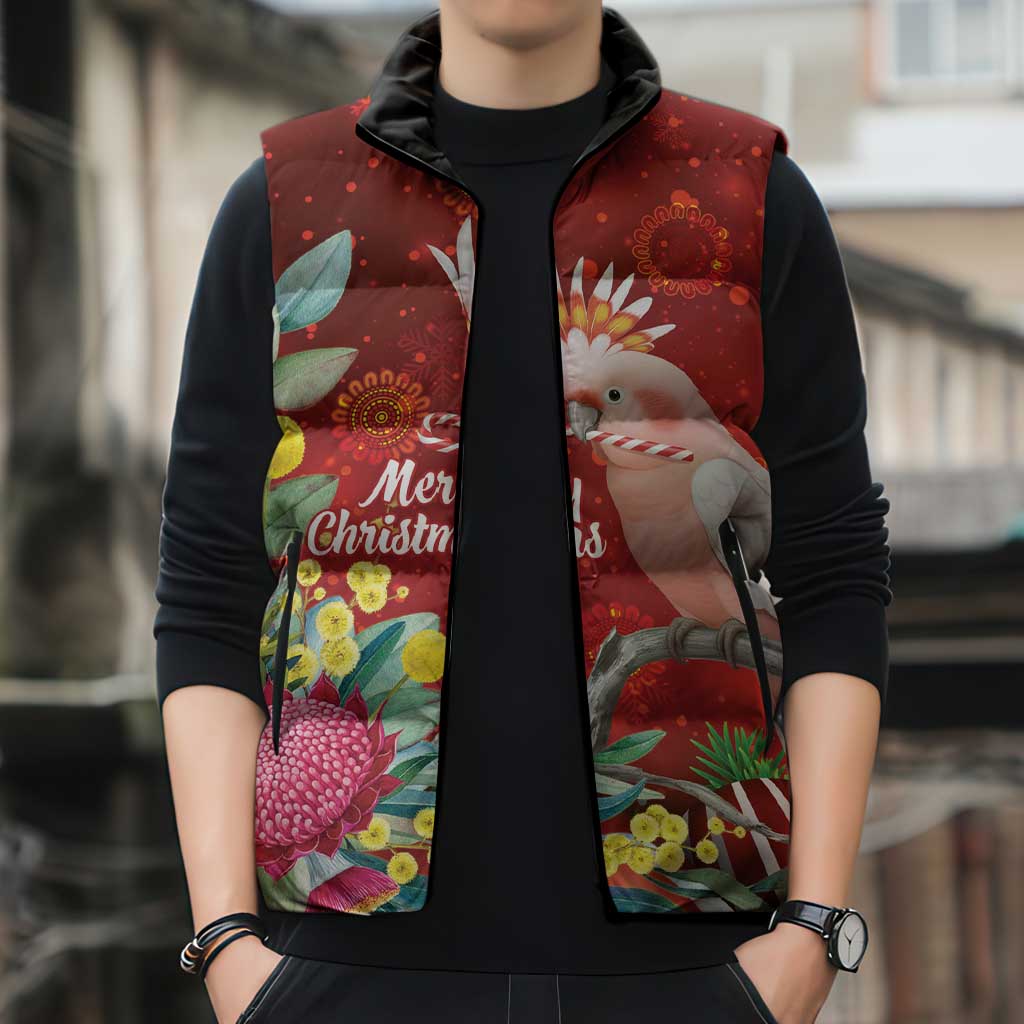 Australia Pink Cockatoo Christmas Sleeveless Puffer Jacket Aussie Native Flowers Merry Xmas - Red - Aussie Hoodie