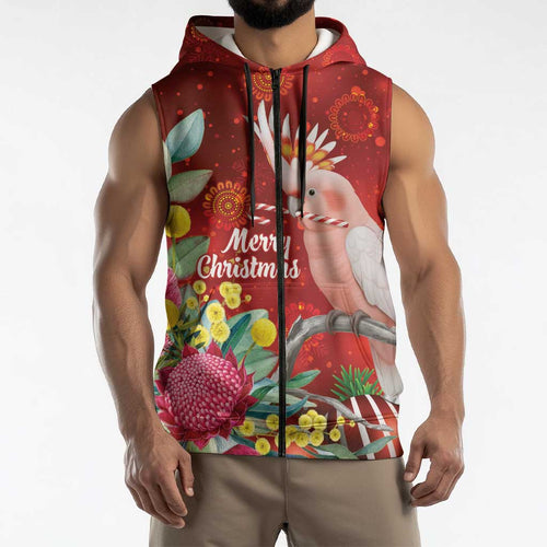 Australia Pink Cockatoo Christmas Sleeveless Zip Hoodie Aussie Native Flowers Merry Xmas - Red LT14
