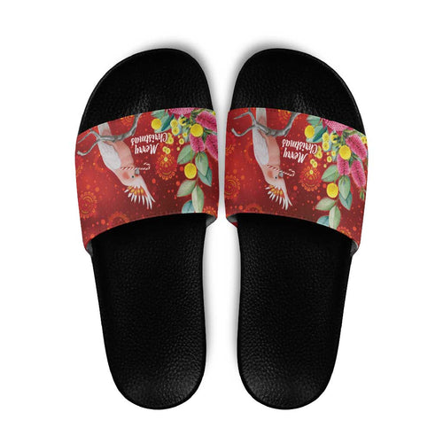 Australia Pink Cockatoo Christmas Slide Sandals Aussie Native Flowers Merry Xmas - Red - Aussie Hoodie