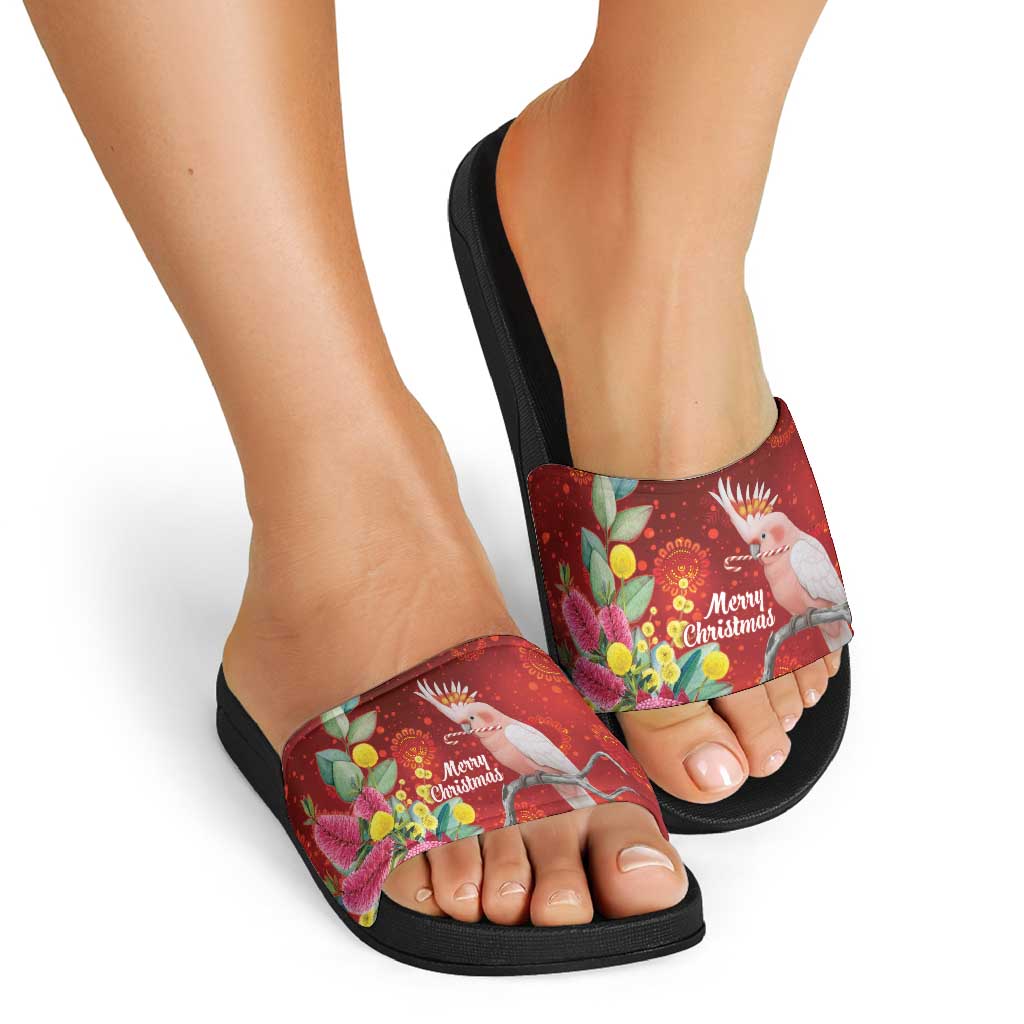 Australia Pink Cockatoo Christmas Slide Sandals Aussie Native Flowers Merry Xmas - Red - Aussie Hoodie
