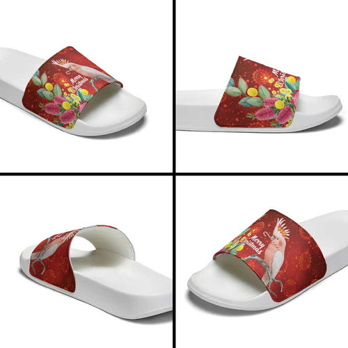 Australia Pink Cockatoo Christmas Slide Sandals Aussie Native Flowers Merry Xmas - Red - Aussie Hoodie