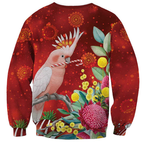 Australia Pink Cockatoo Christmas Sweatshirt Aussie Native Flowers Merry Xmas - Red - Aussie Hoodie