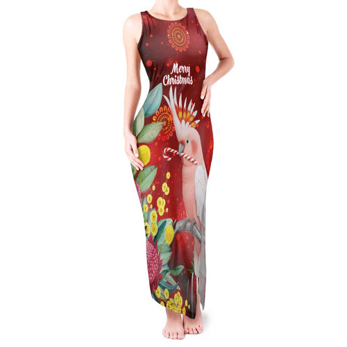 Australia Pink Cockatoo Christmas Tank Maxi Dress Aussie Native Flowers Merry Xmas - Red - Aussie Hoodie